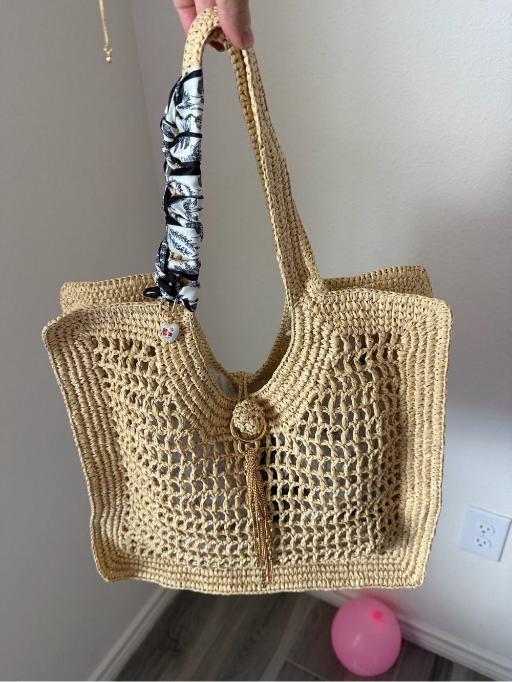 H&M Beige Woven Straw Tote with Scarf-Wrapped Handle
